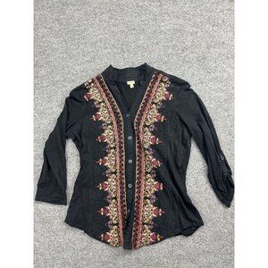 Reba Blouse Women's Small Black Multi Lace Trim Button Up 3/4 Roll Tab Sleeve